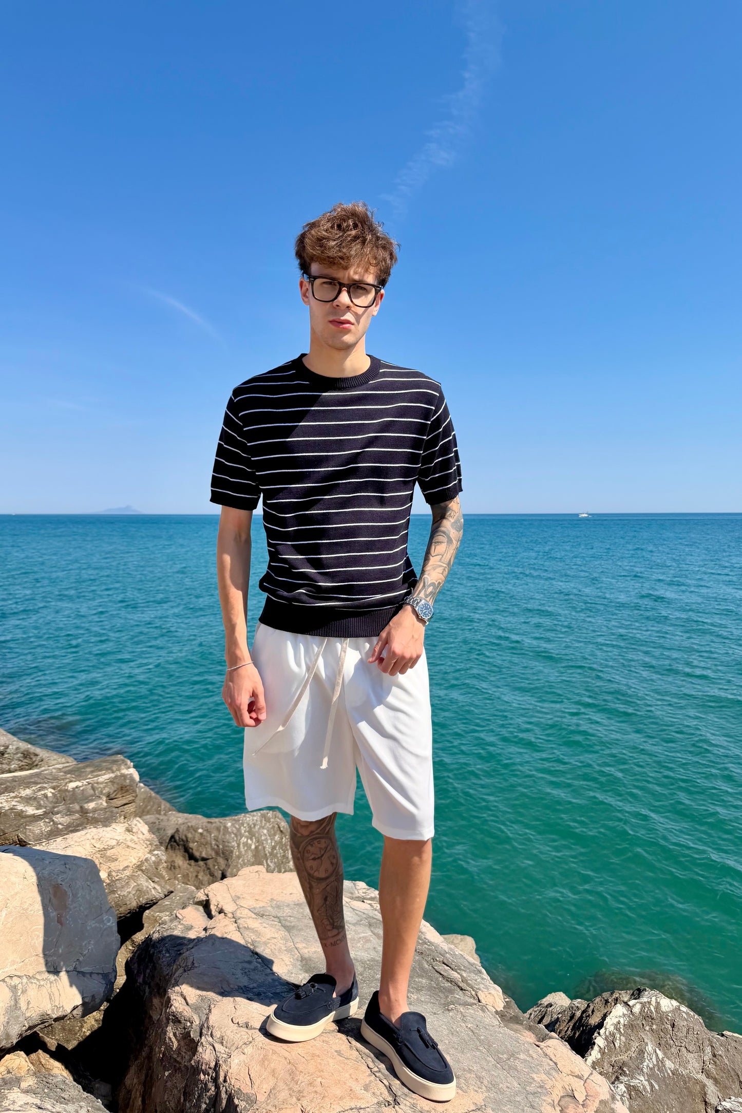 T-Shirt In Filo A Righe Blu