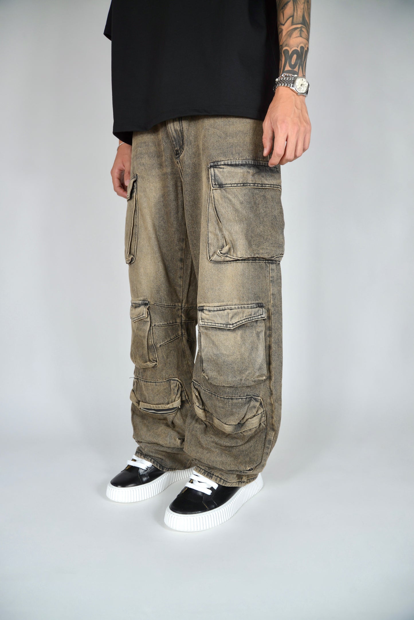 Jeans Cargo Multipocket Baggy Fit Sabbiato