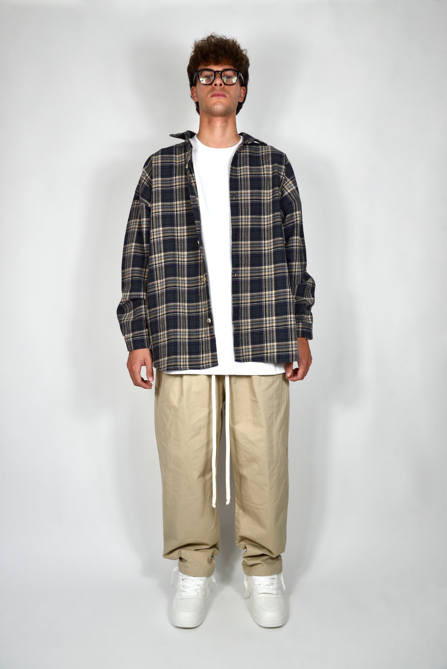 Camicia A Quadri Oversize Blu/Beige