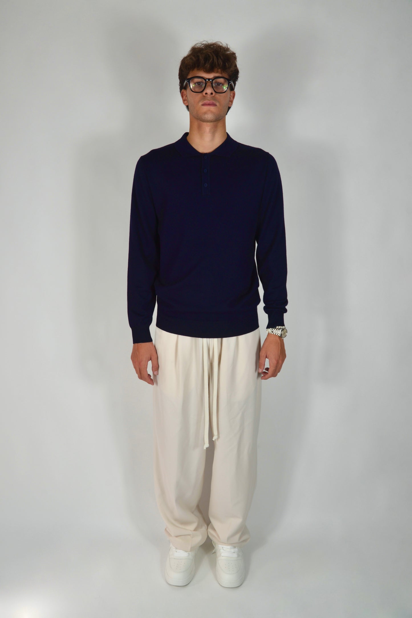 Polo In Filo Manica Lunga Blu Notte