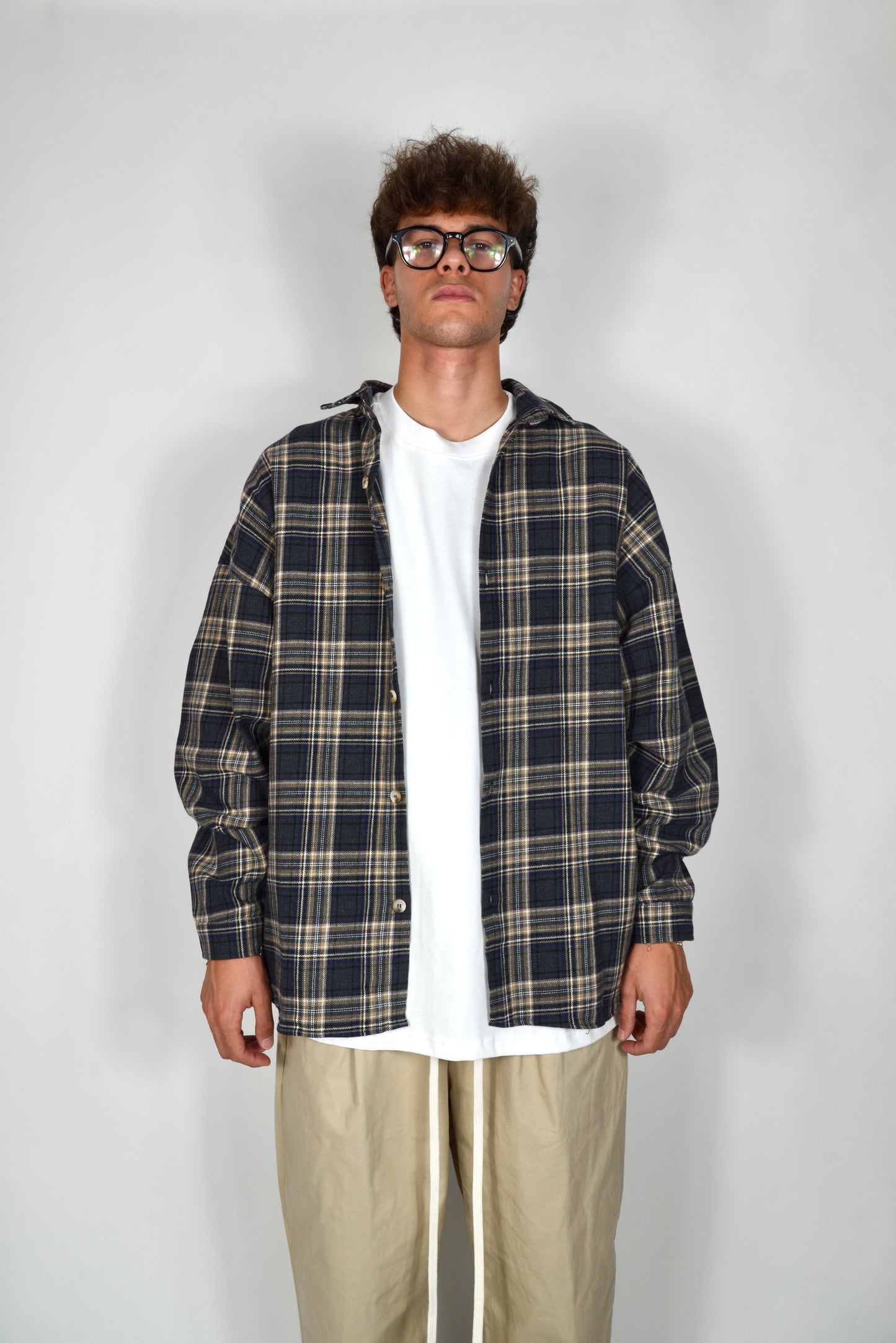 Camicia A Quadri Oversize Blu/Beige