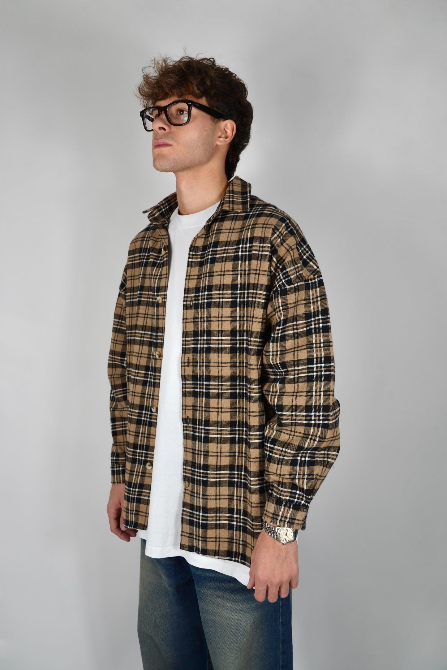 Camicia A Quadri Oversize Beige/Nero