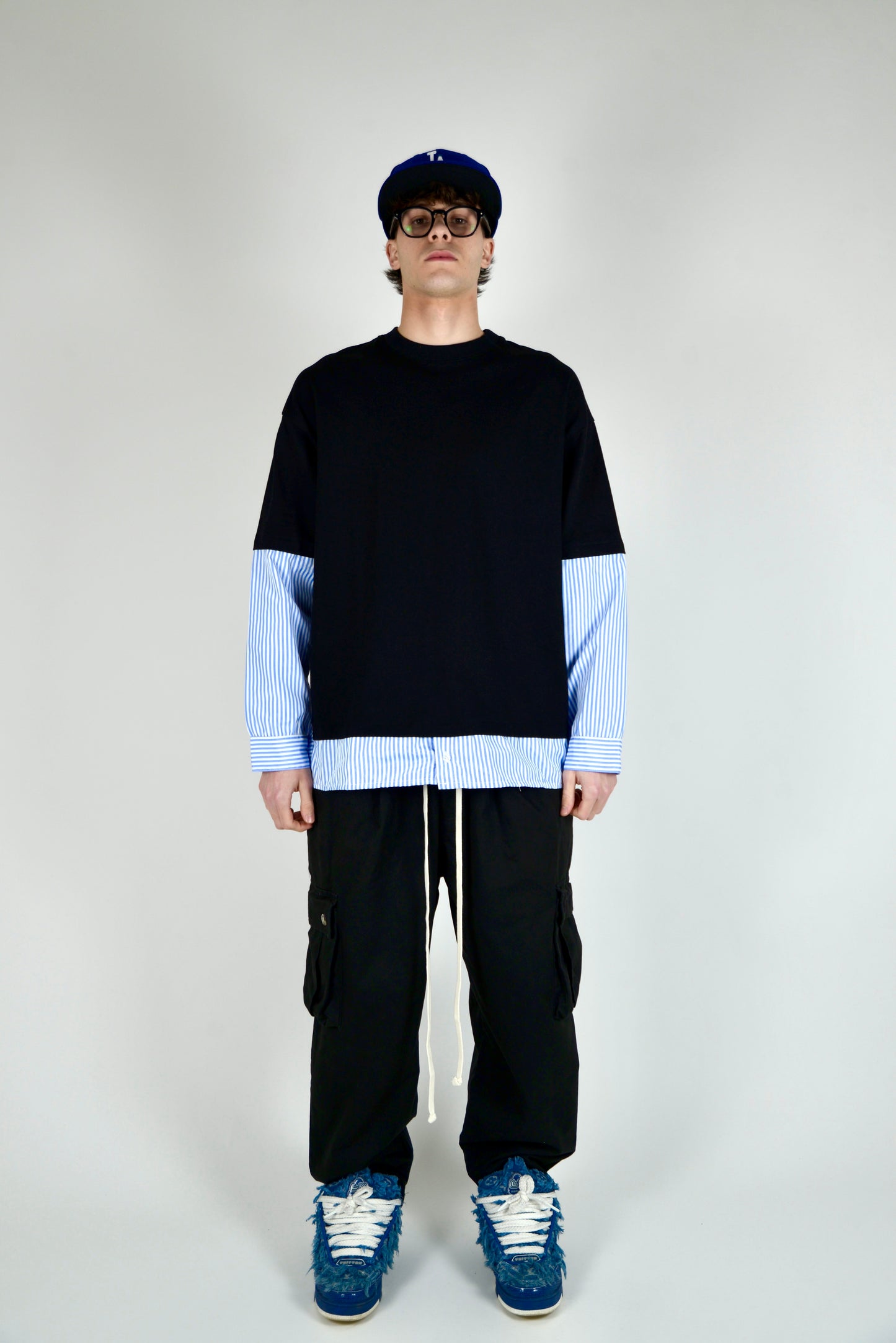 T-shirt Manica Camicia a Righe Nero