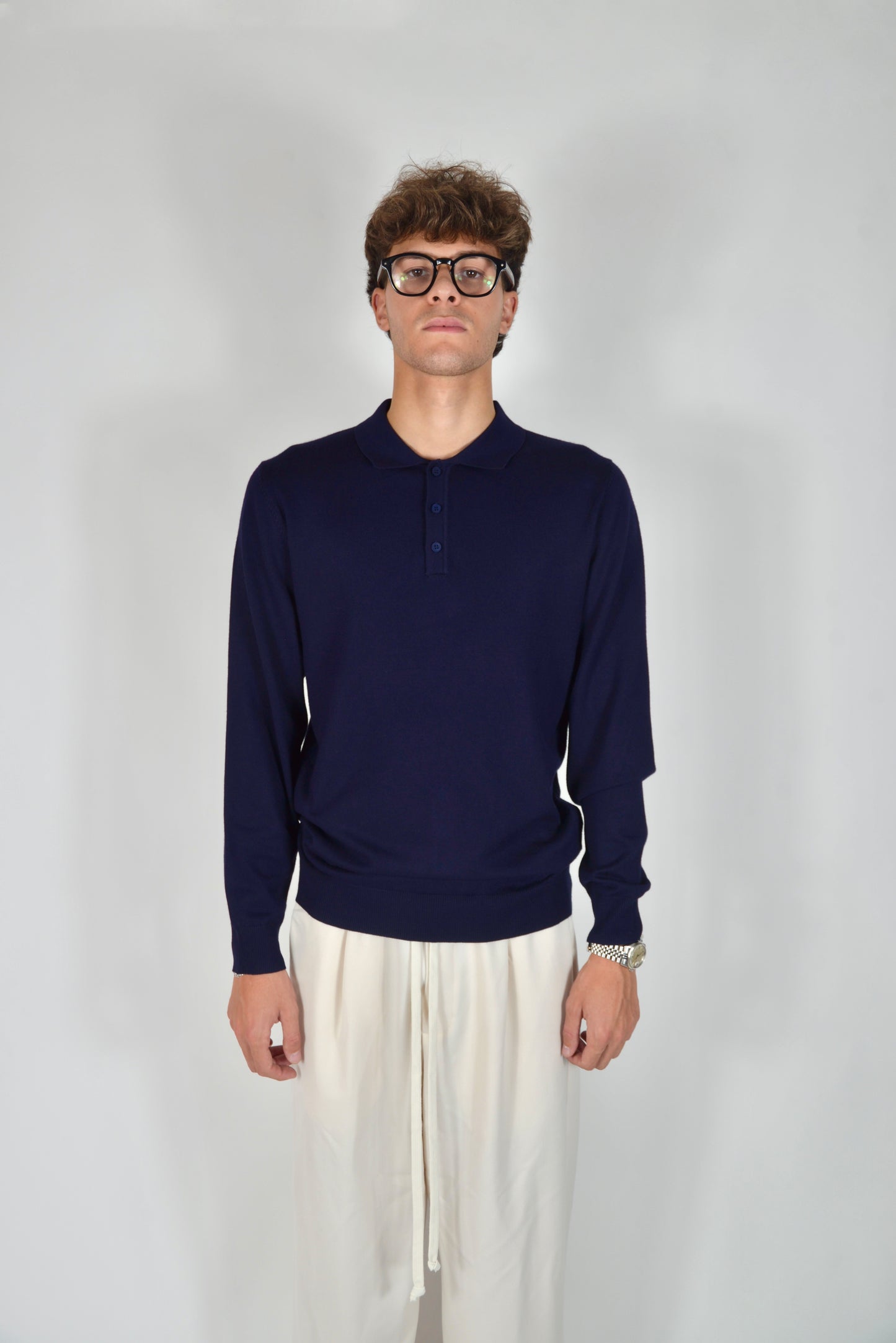 Polo In Filo Manica Lunga Blu Notte