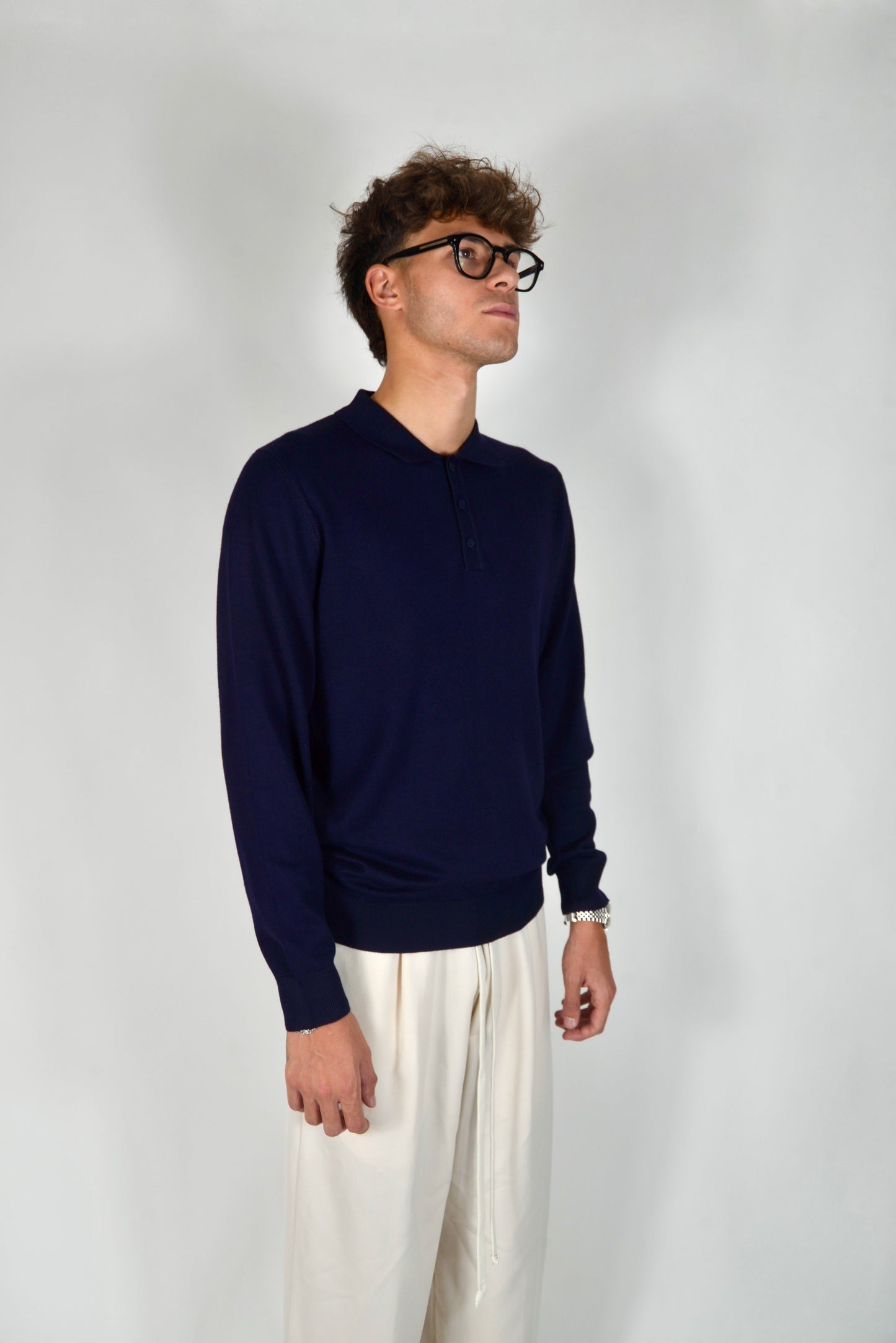 Polo In Filo Manica Lunga Blu Notte