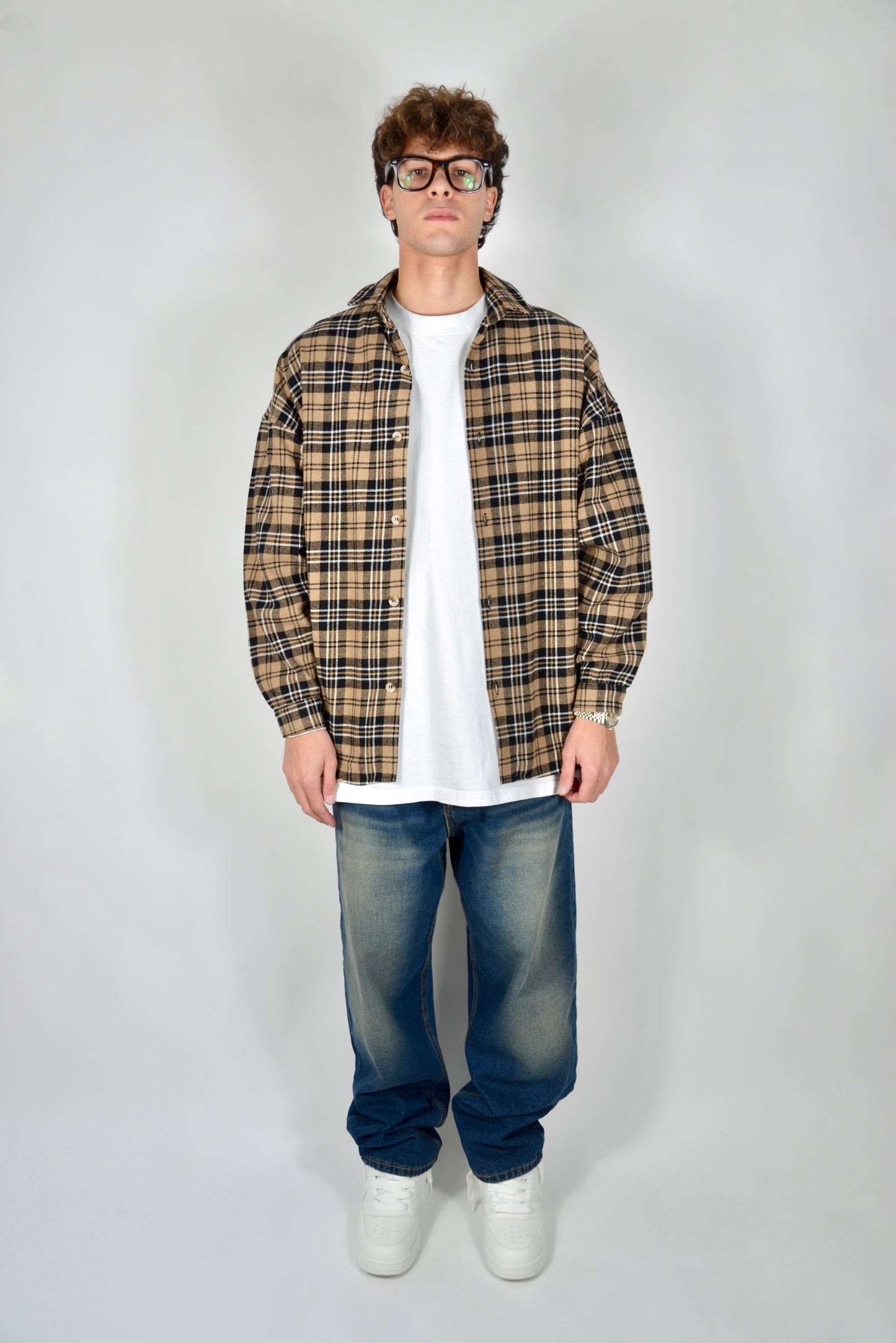 Camicia A Quadri Oversize Beige/Nero