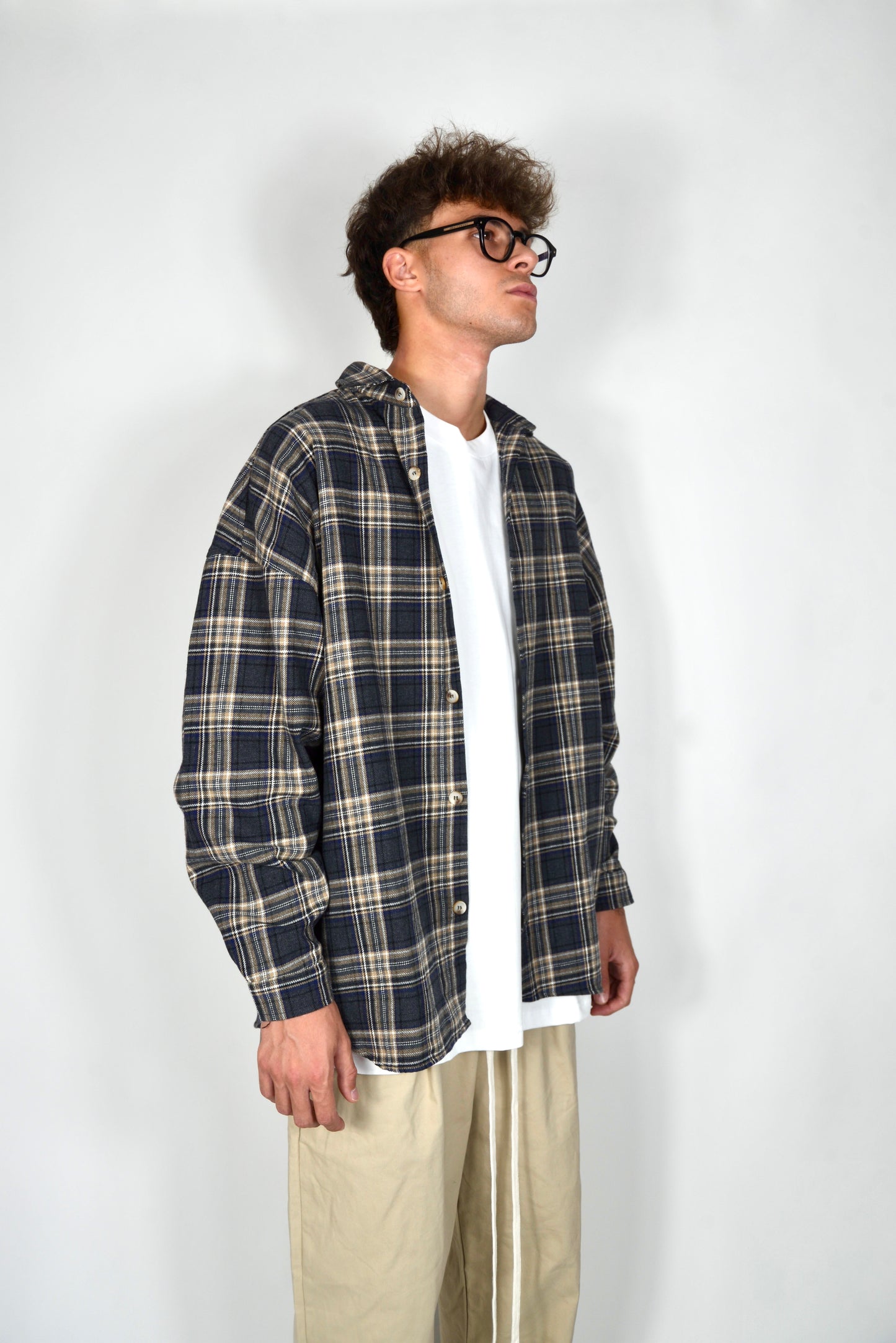 Camicia A Quadri Oversize Blu/Beige
