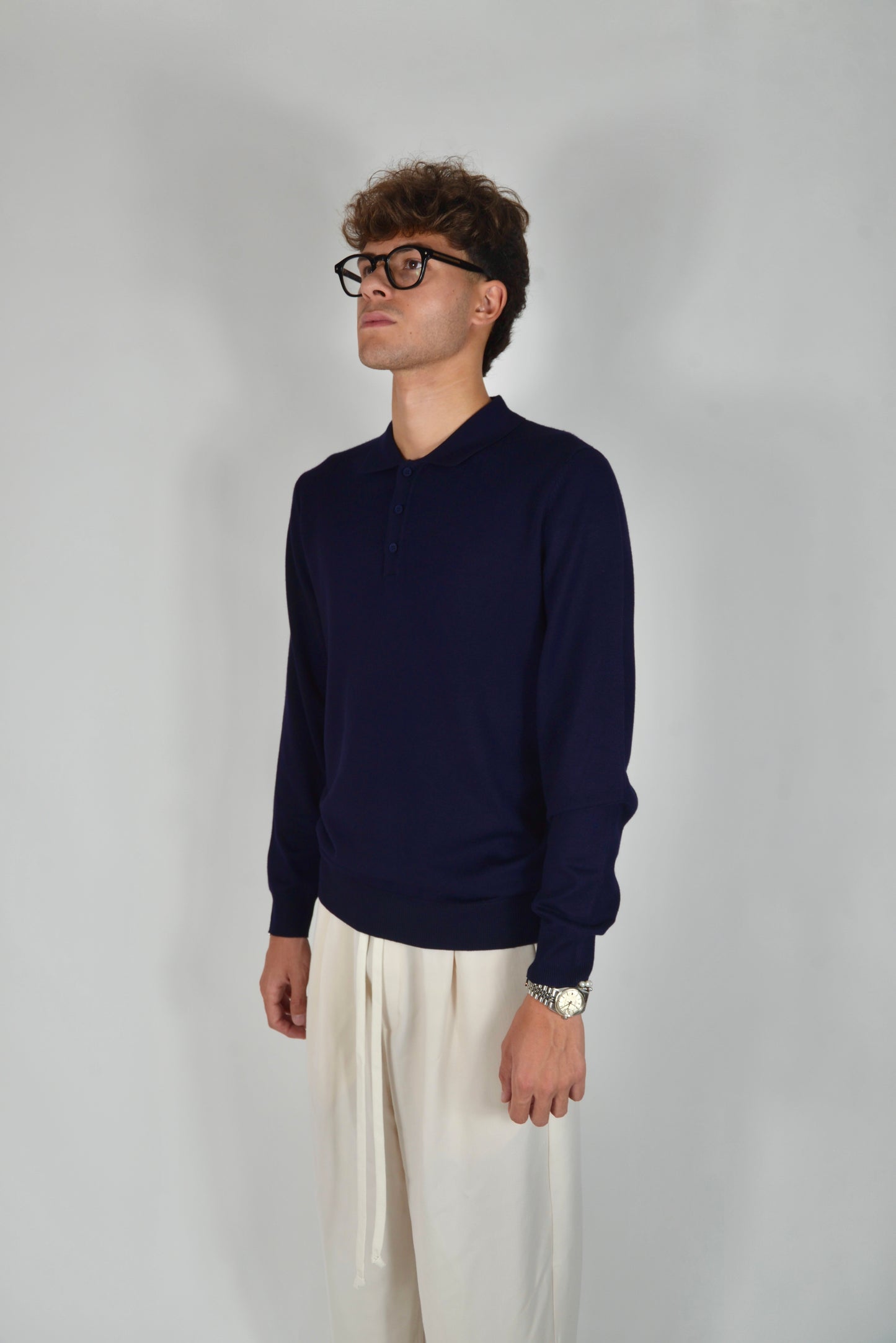 Polo In Filo Manica Lunga Blu Notte