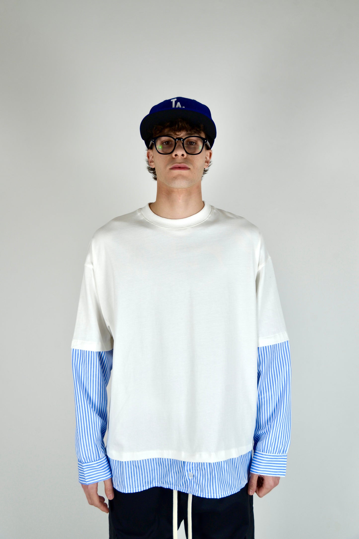 T-shirt Manica Camicia a Righe Bianca