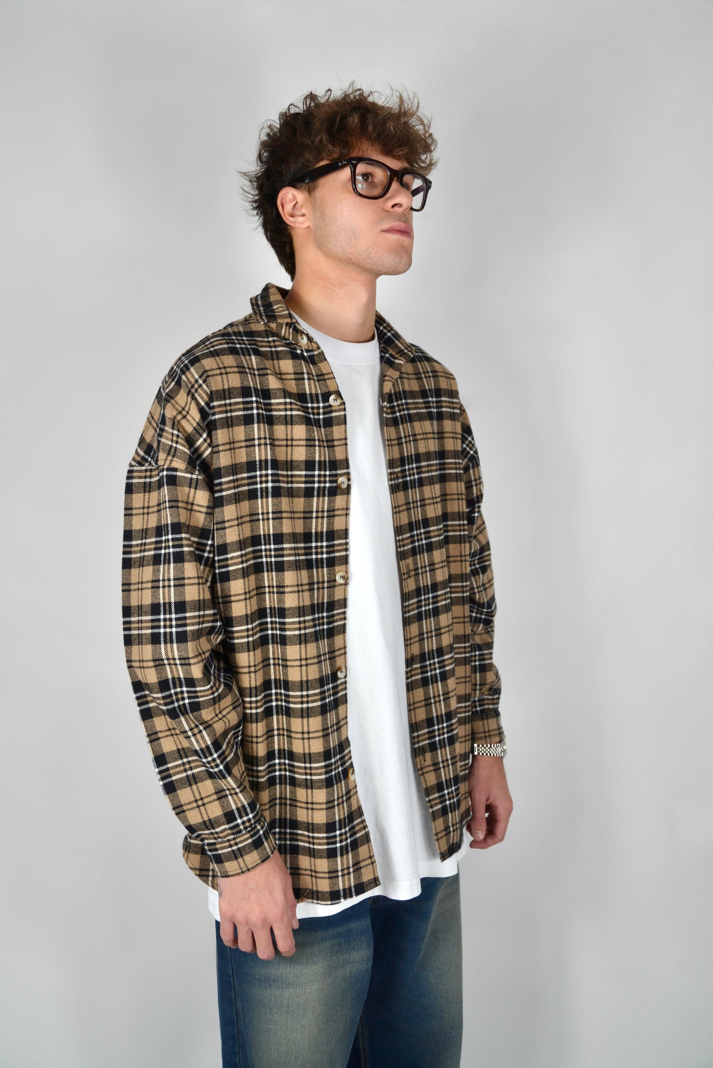 Camicia A Quadri Oversize Beige/Nero
