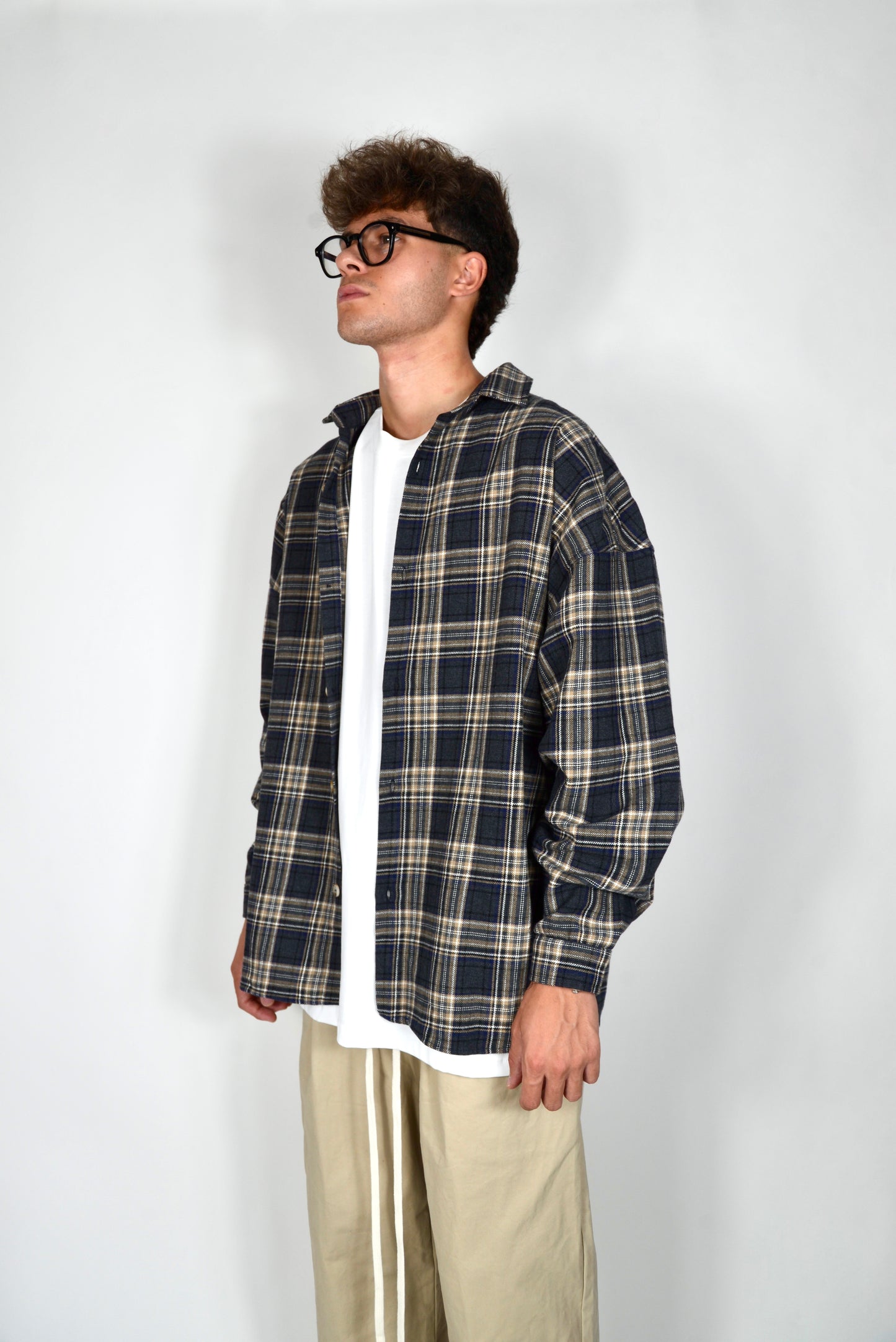 Camicia A Quadri Oversize Blu/Beige