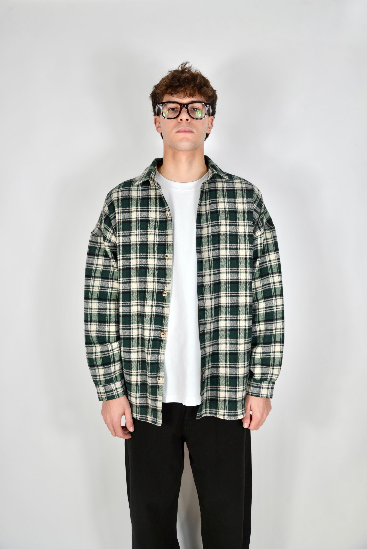 Camicia A Quadri Oversize Verde/Panna