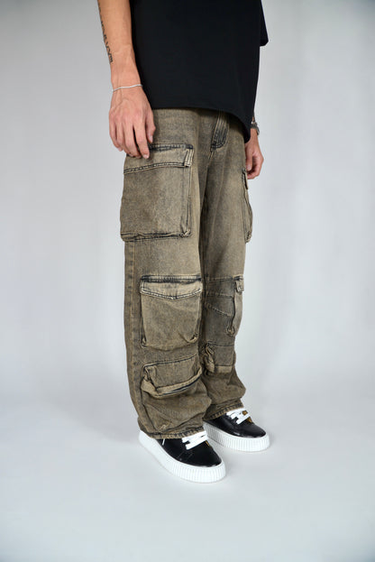 Jeans Cargo Multipocket Baggy Fit Sabbiato