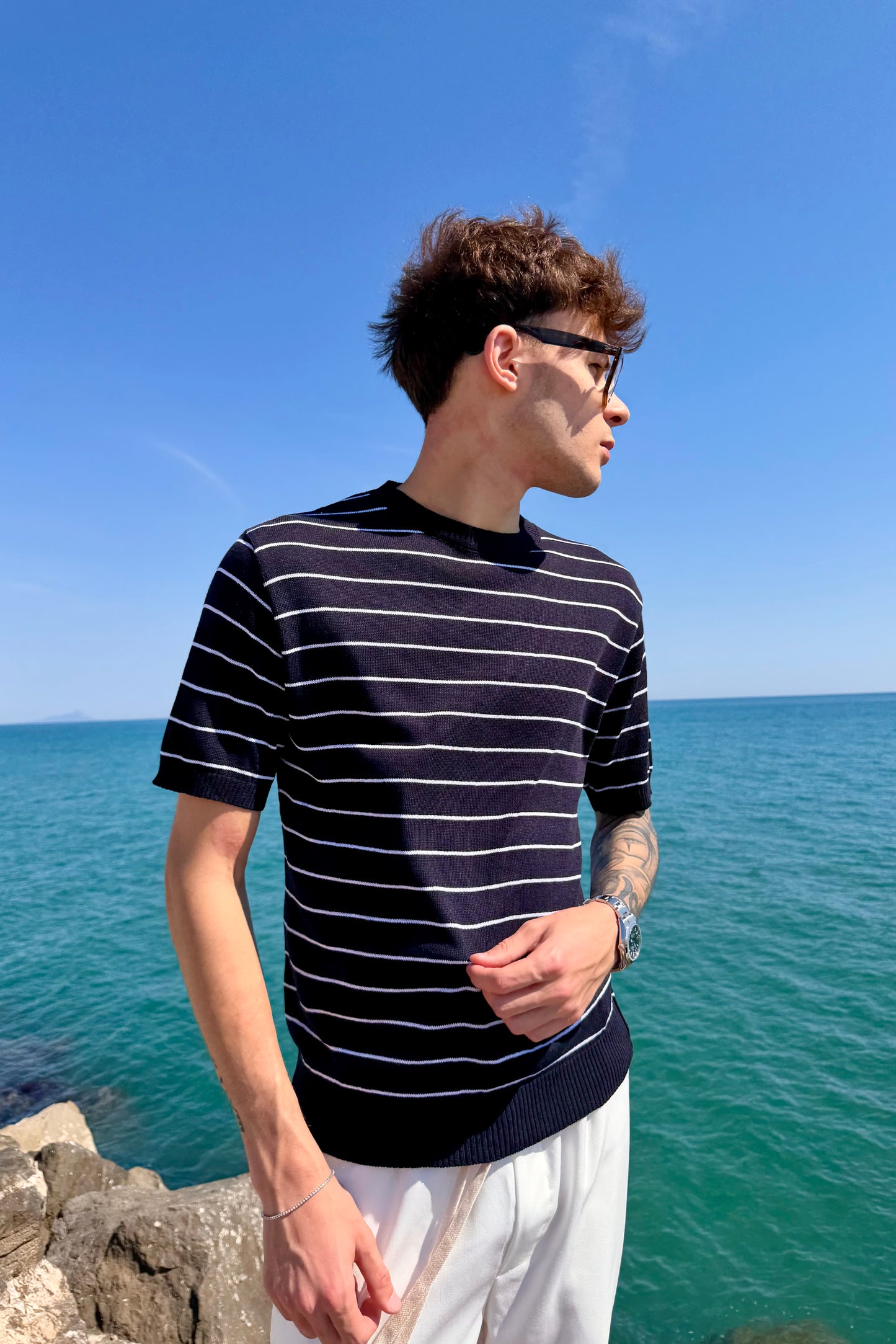 T-Shirt In Filo A Righe Blu