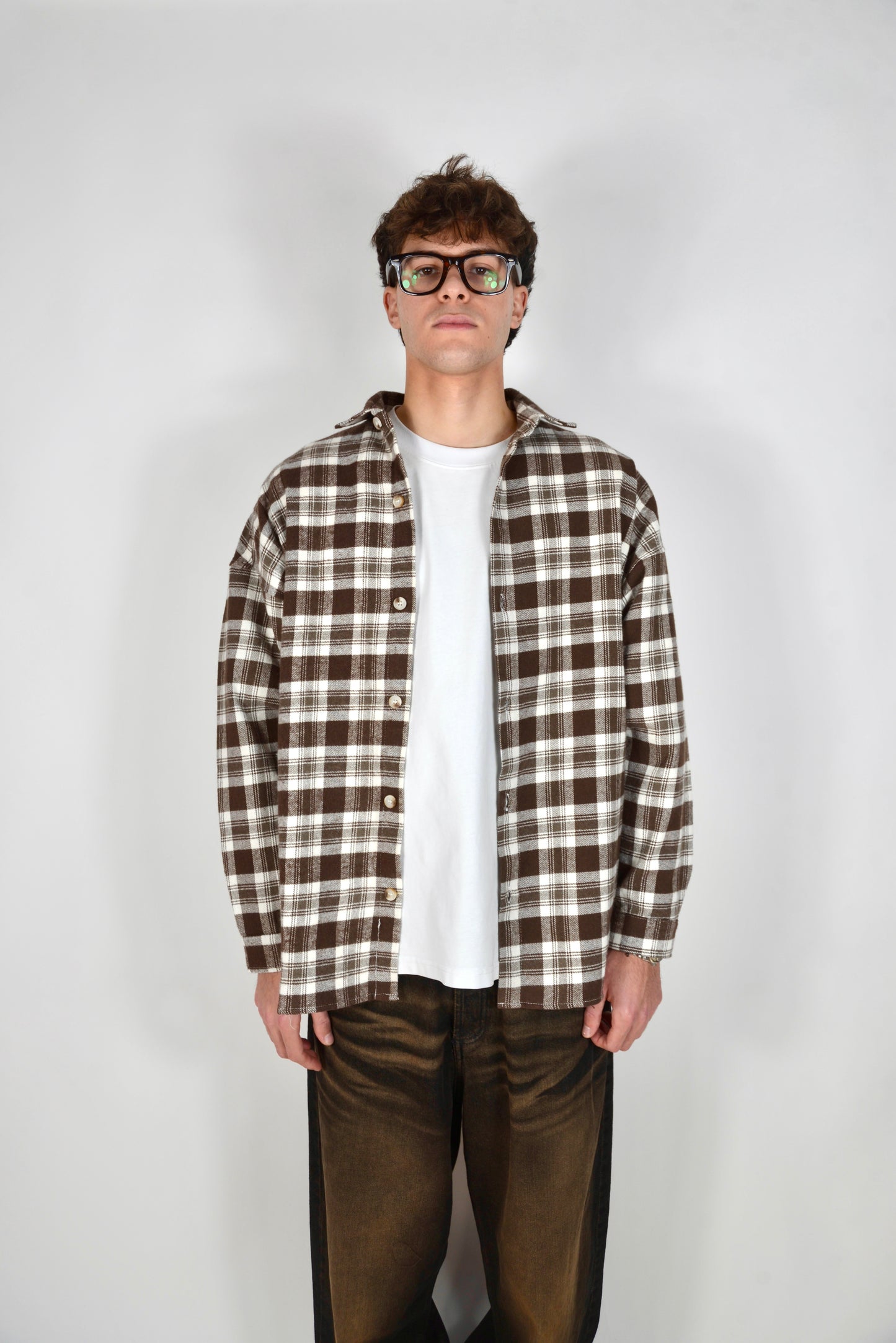 Camicia A Quadri Oversize Moro/Panna