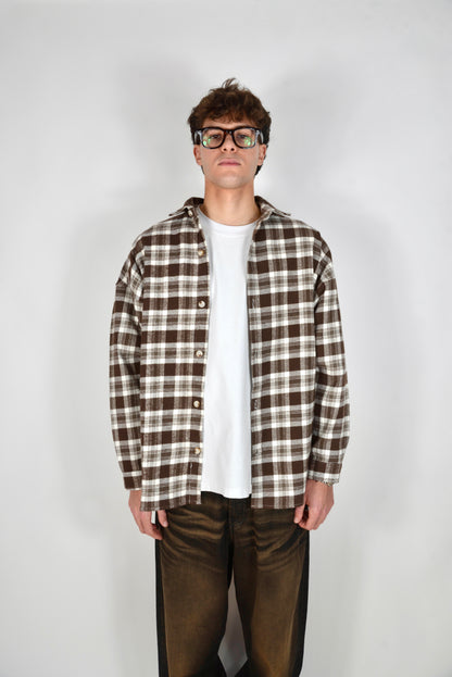 Camicia A Quadri Oversize Moro/Panna