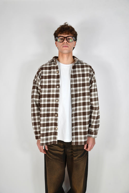 Camicia A Quadri Oversize Moro/Panna