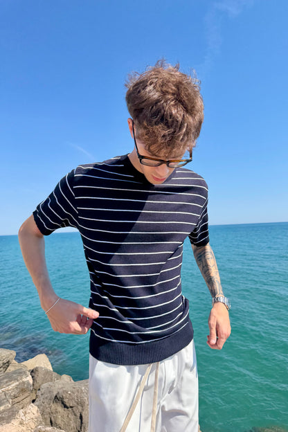 T-Shirt In Filo A Righe Blu