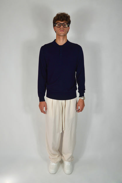 Polo In Filo Manica Lunga Blu Notte