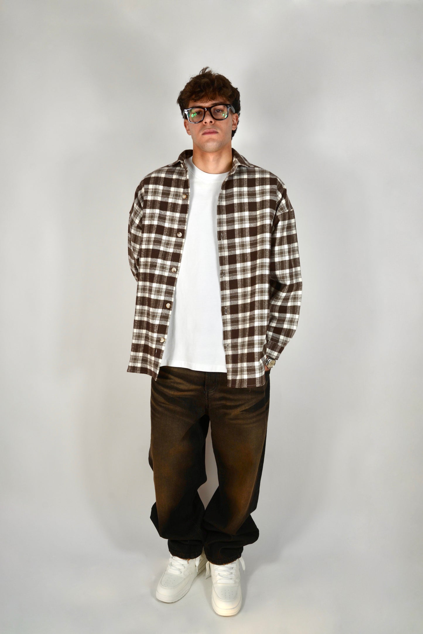 Camicia A Quadri Oversize Moro/Panna