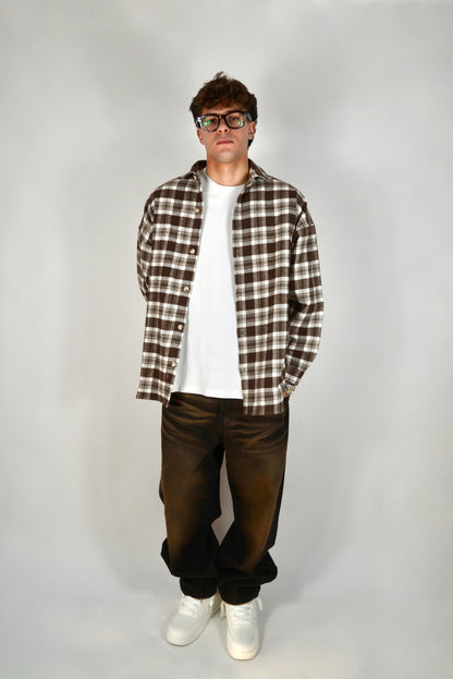 Camicia A Quadri Oversize Moro/Panna