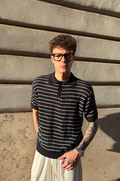 Polo In Filo Intrecciato Blu Notte/Bianca