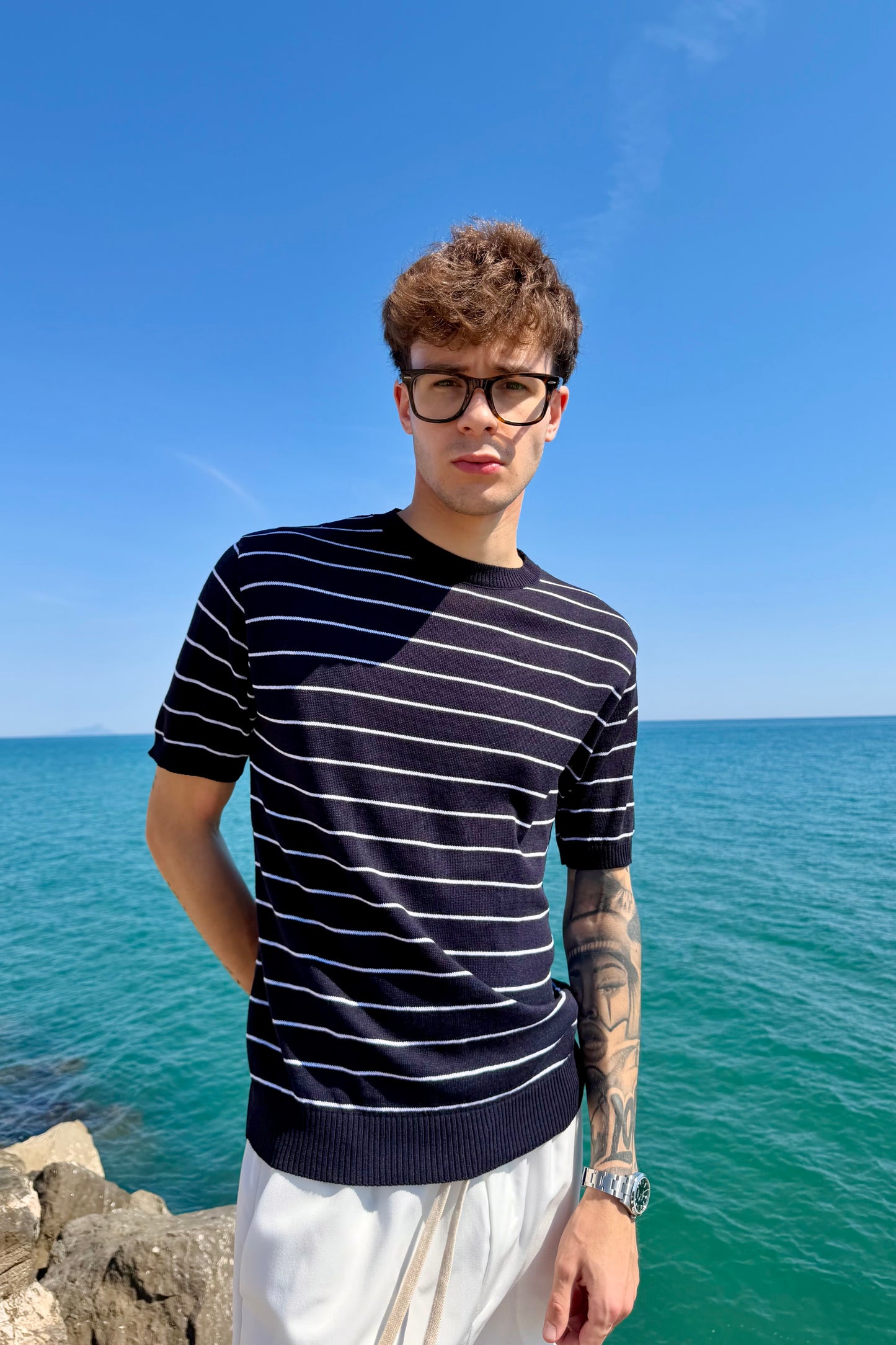 T-Shirt In Filo A Righe Blu