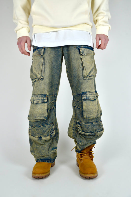 Jeans Cargo Multipocket Baggy Fit Sabbiato