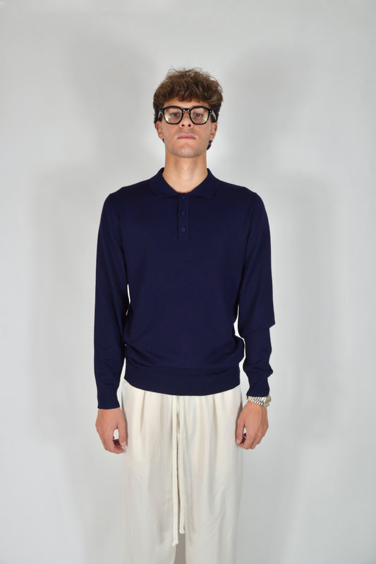 Polo In Filo Manica Lunga Blu Notte