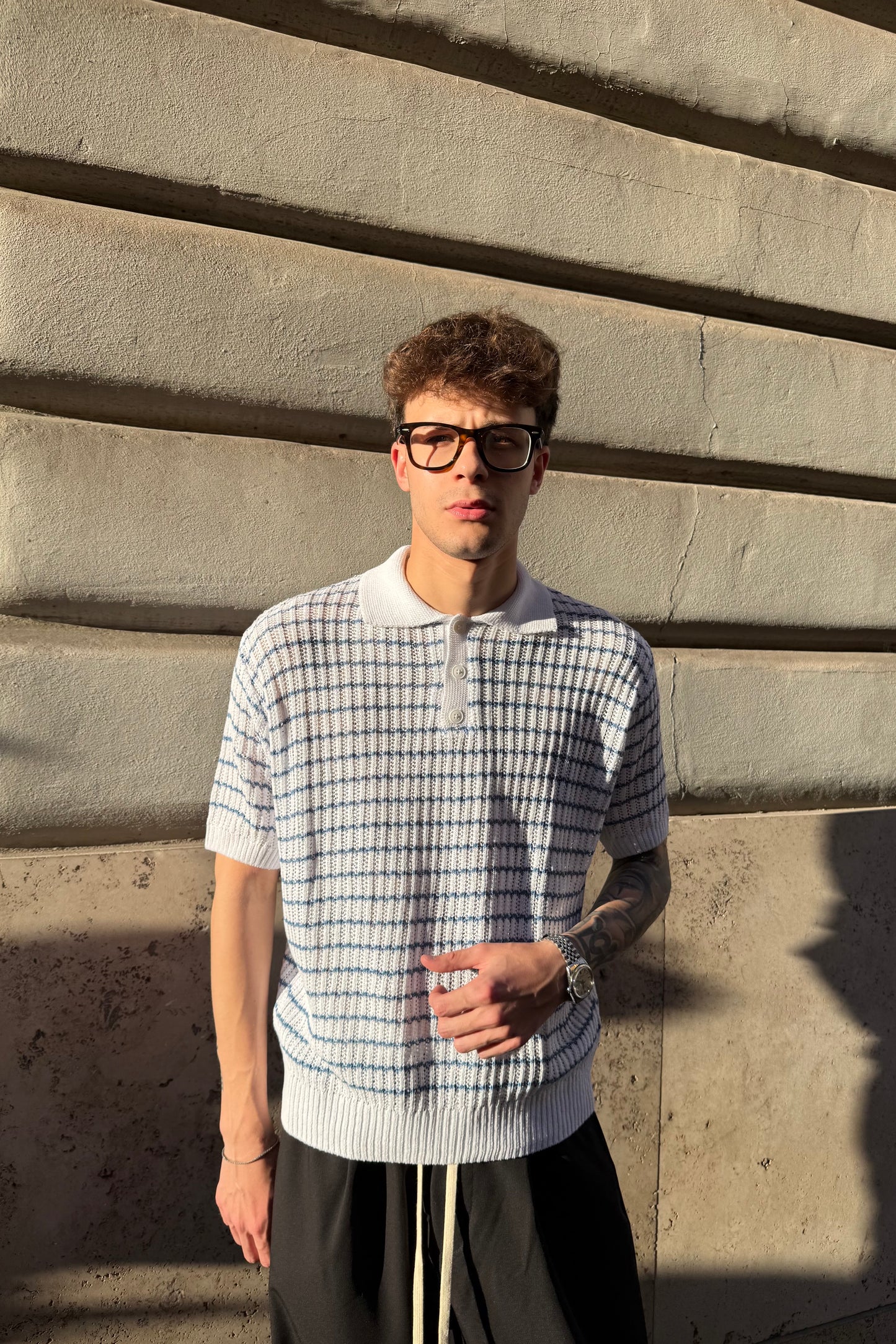 Polo In Filo Intrecciato Bianca/Celeste