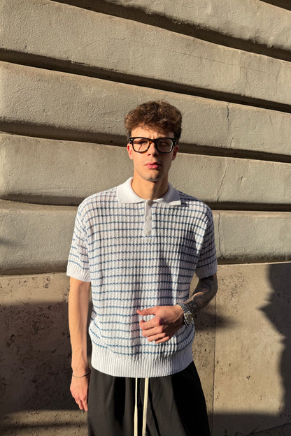 Polo In Filo Intrecciato Bianca/Celeste