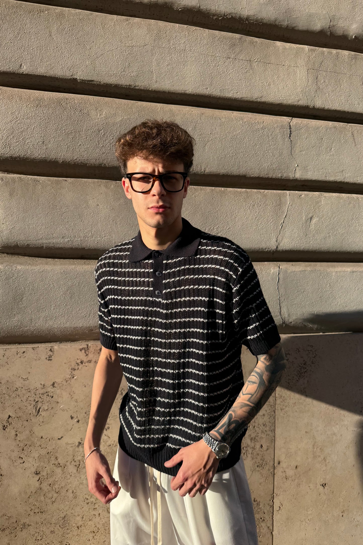 Polo In Filo Intrecciato Blu Notte/Bianca