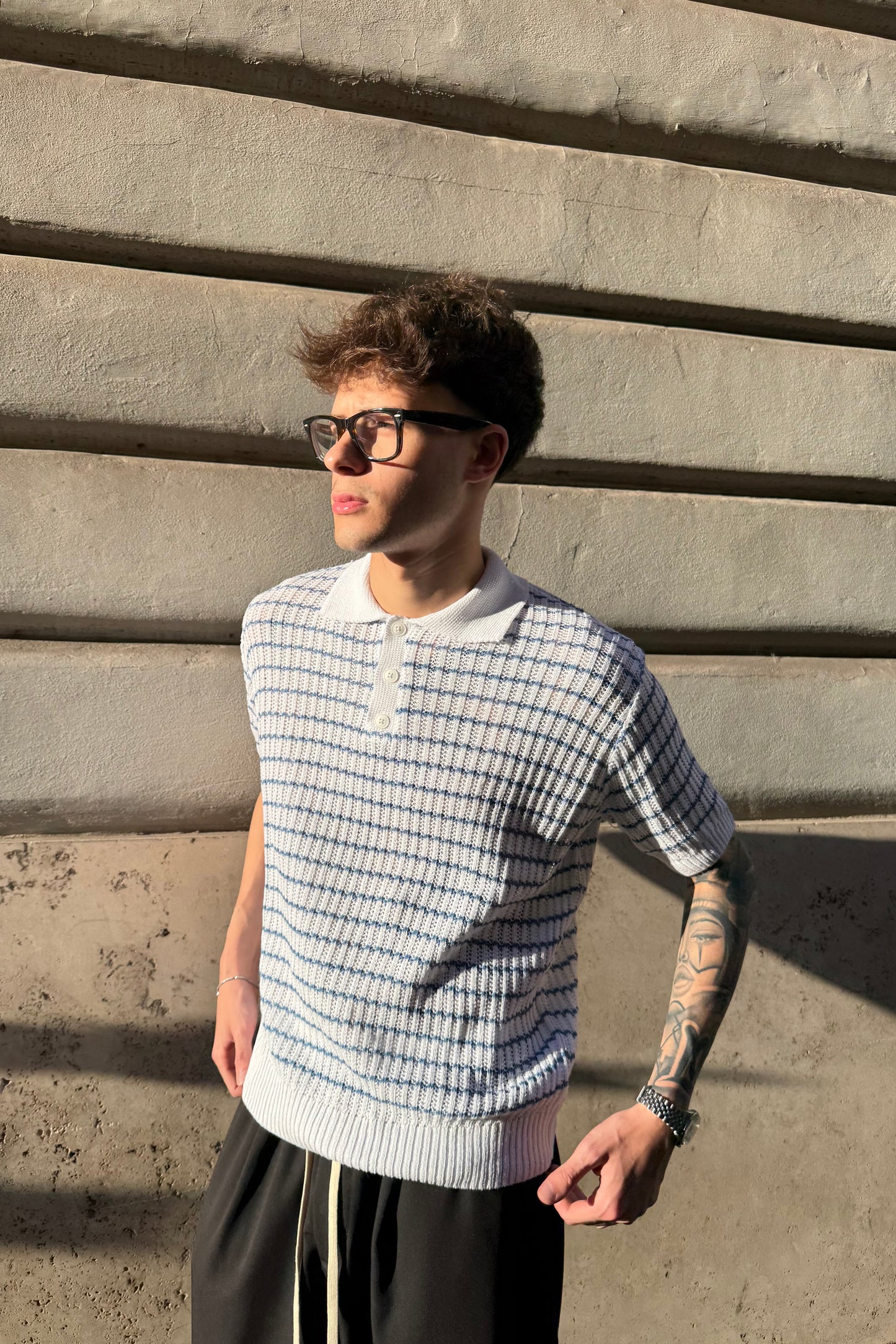 Polo In Filo Intrecciato Bianca/Celeste