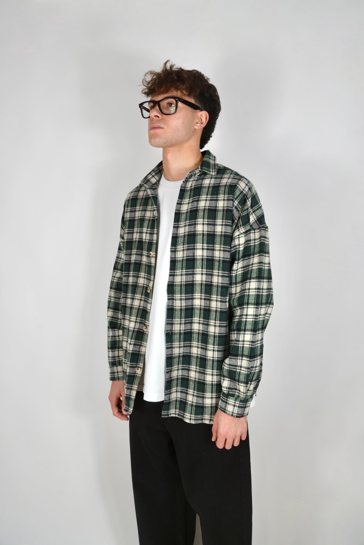 Camicia A Quadri Oversize Verde/Panna