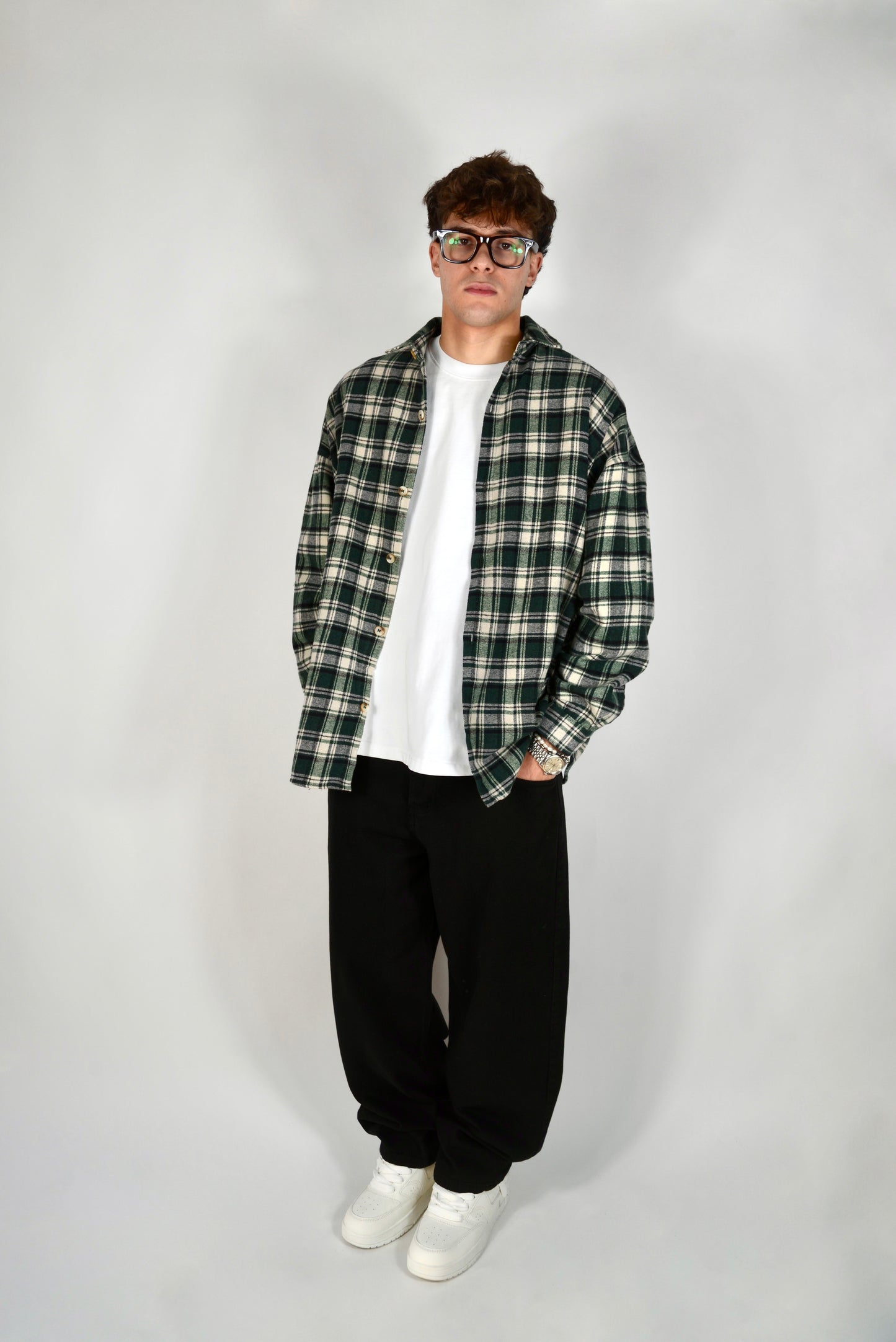 Camicia A Quadri Oversize Verde/Panna