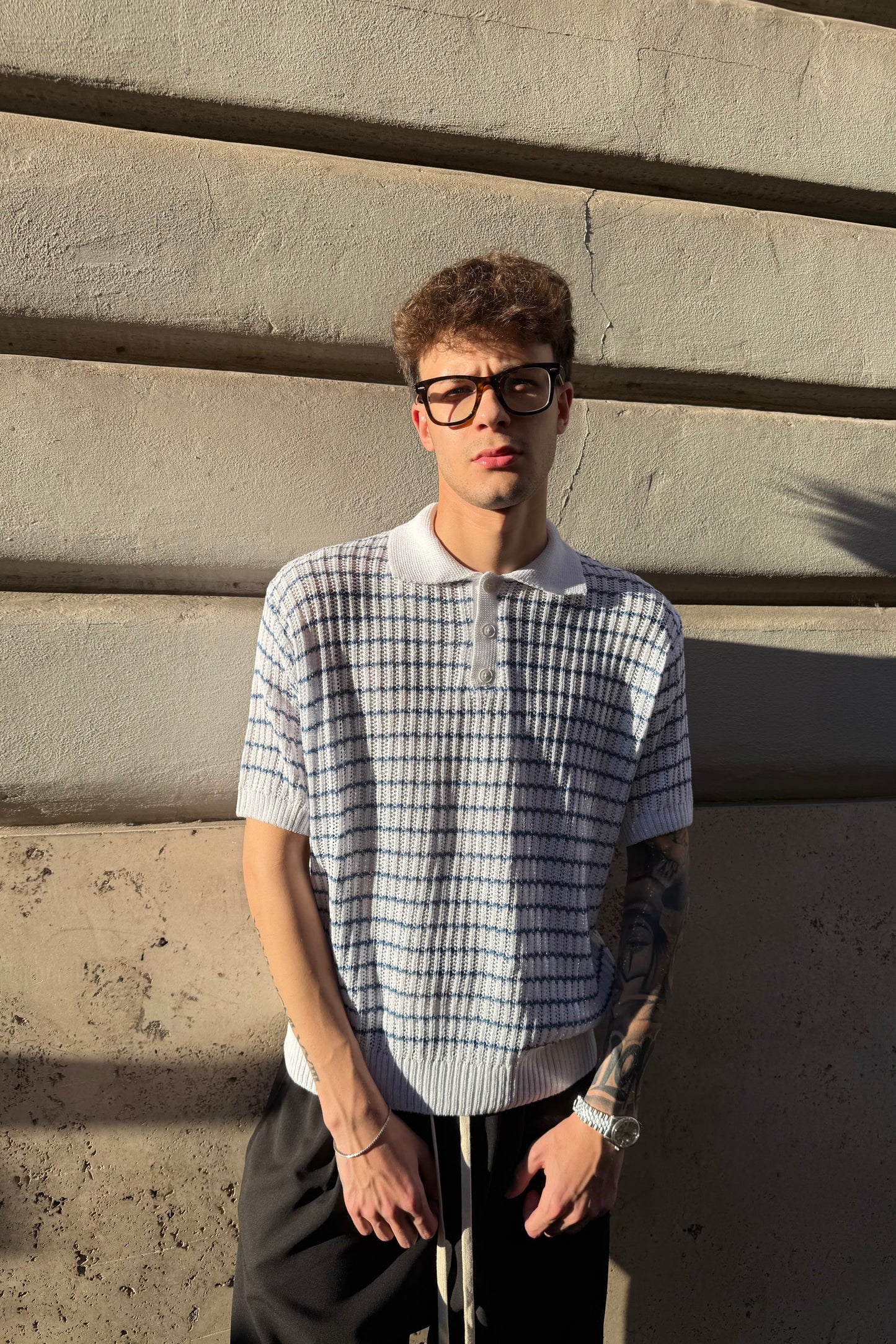 Polo In Filo Intrecciato Bianca/Celeste