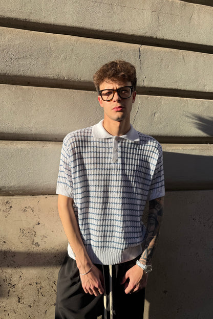 Polo In Filo Intrecciato Bianca/Celeste