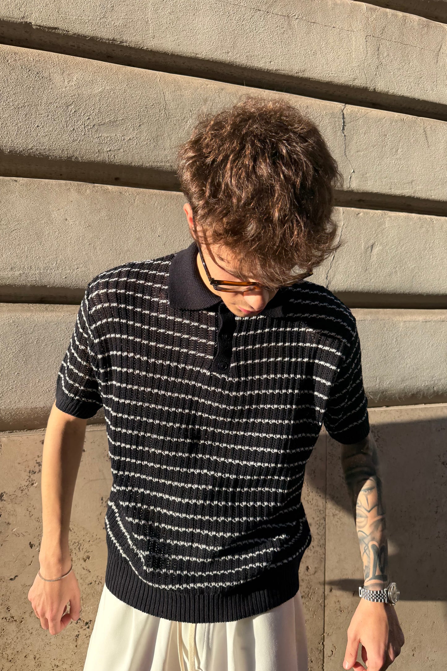 Polo In Filo Intrecciato Blu Notte/Bianca