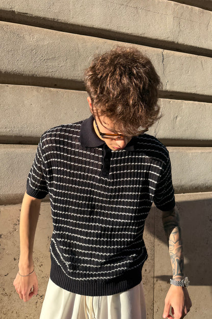 Polo In Filo Intrecciato Blu Notte/Bianca