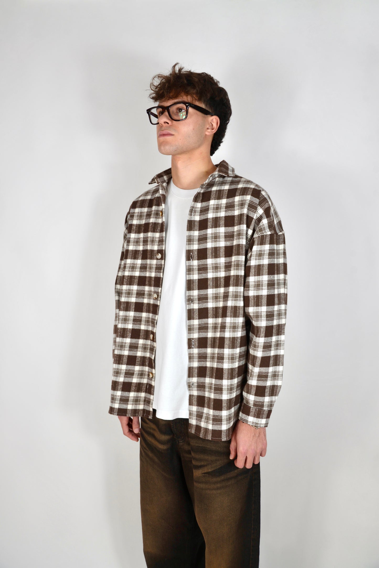 Camicia A Quadri Oversize Moro/Panna