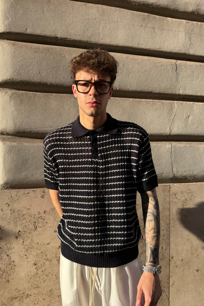 Polo In Filo Intrecciato Blu Notte/Bianca