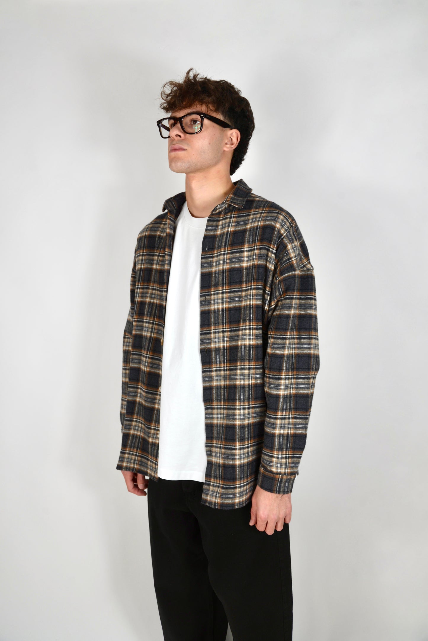 Camicia A Quadri Oversize Grigia/Beige