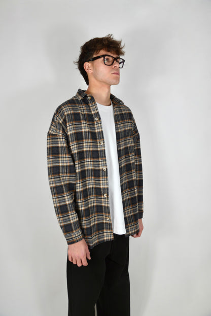 Camicia A Quadri Oversize Grigia/Beige