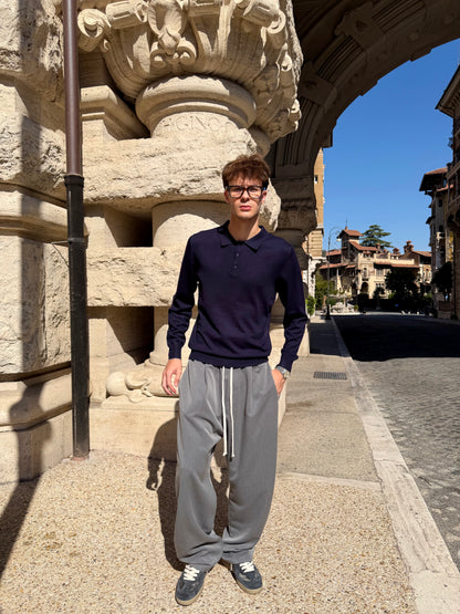 Polo In Filo Manica Lunga Blu Notte