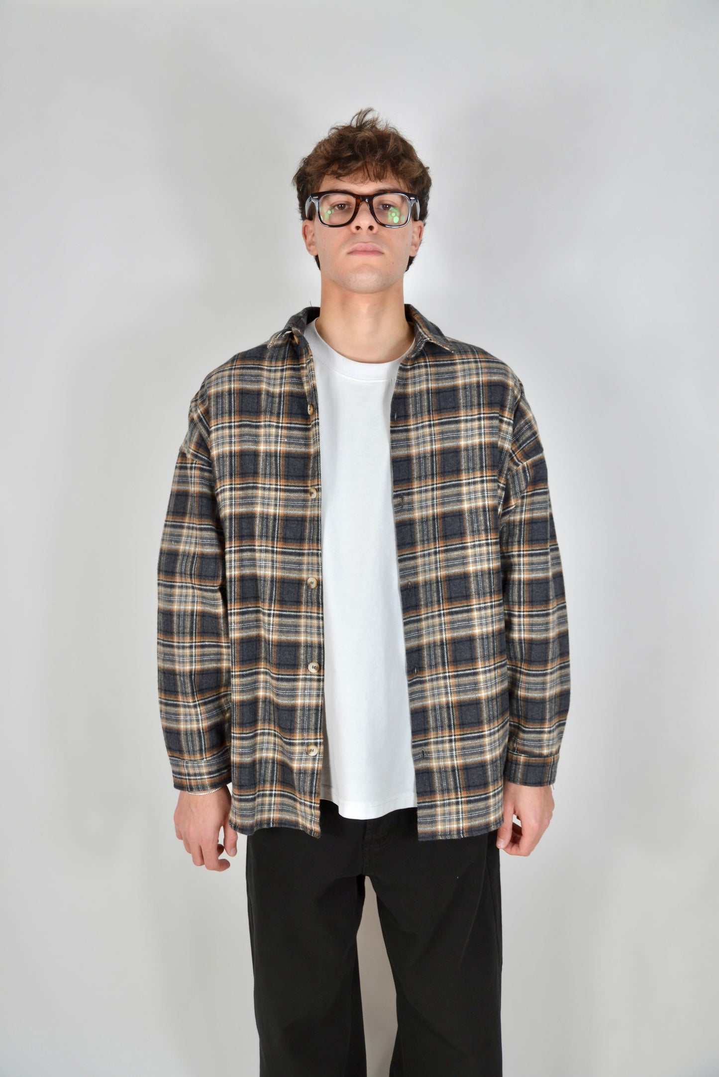 Camicia A Quadri Oversize Grigia/Beige