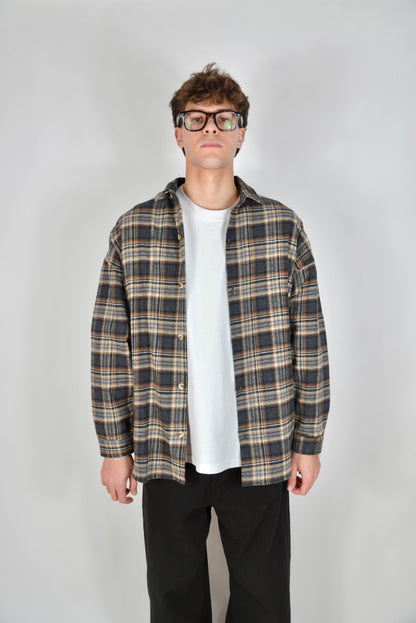 Camicia A Quadri Oversize Grigia/Beige