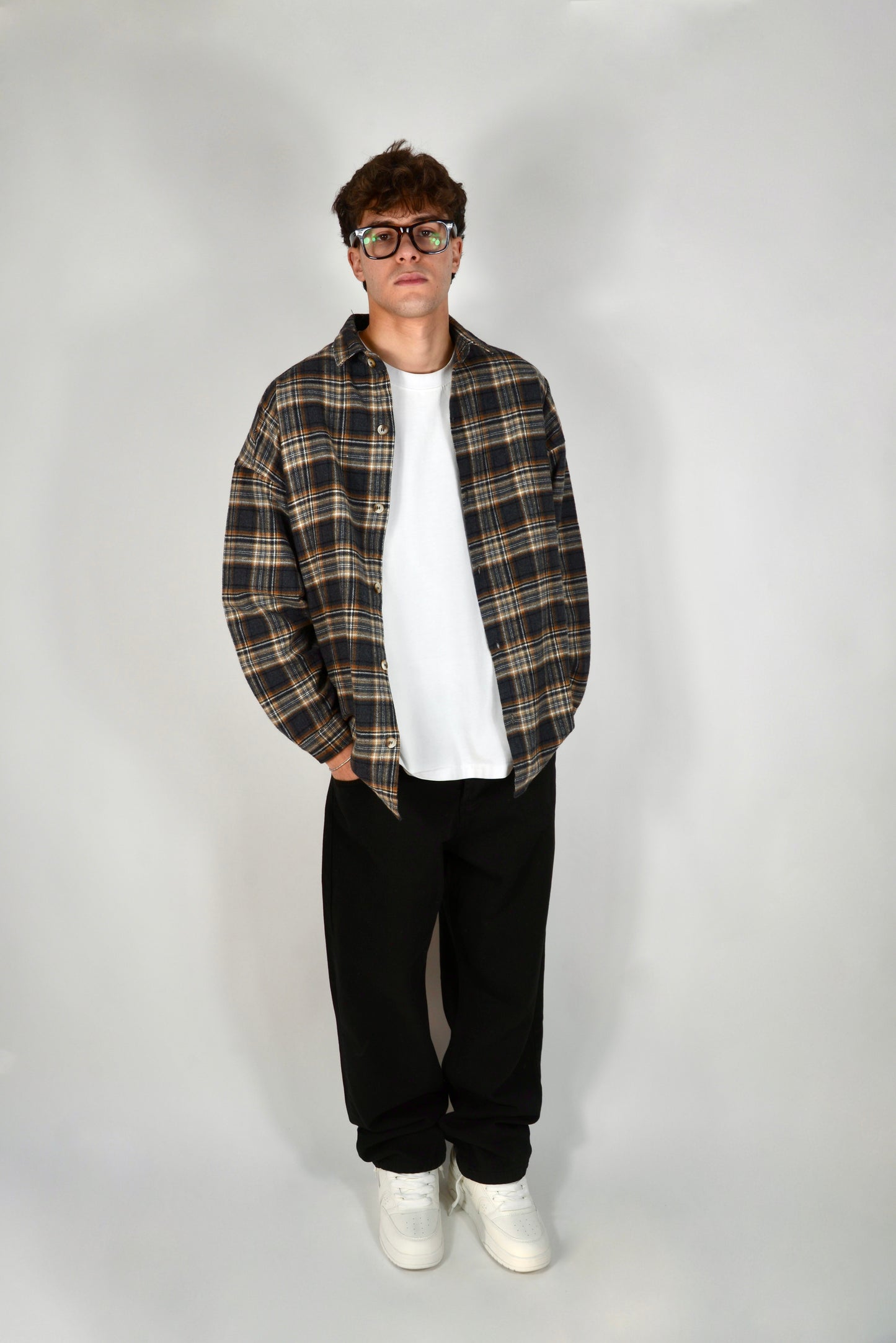 Camicia A Quadri Oversize Grigia/Beige