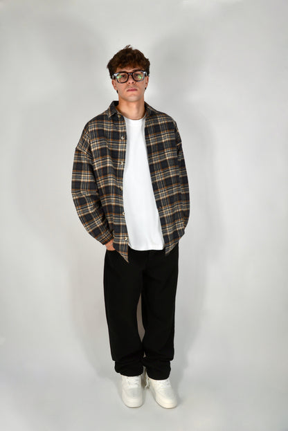 Camicia A Quadri Oversize Grigia/Beige