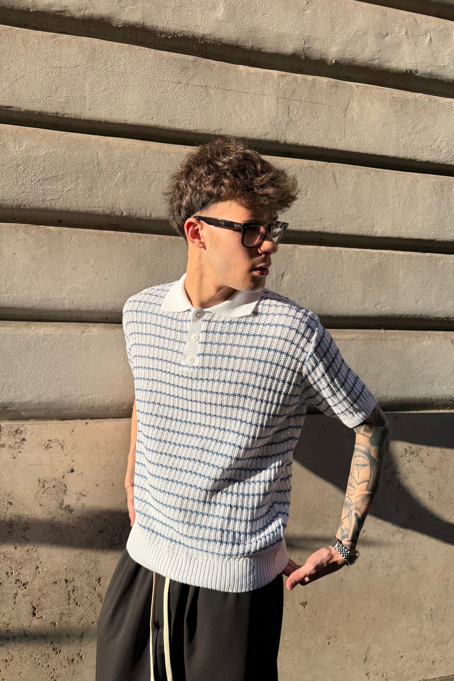 Polo In Filo Intrecciato Bianca/Celeste