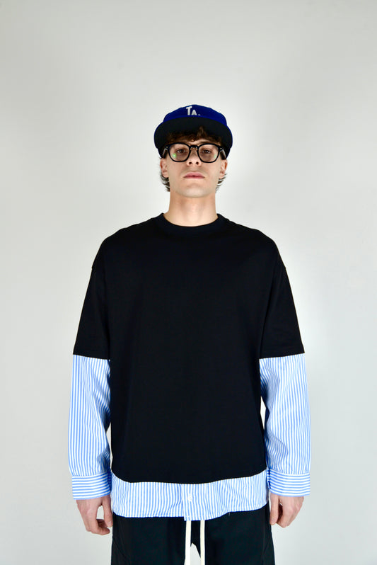 T-shirt Manica Camicia a Righe Nero